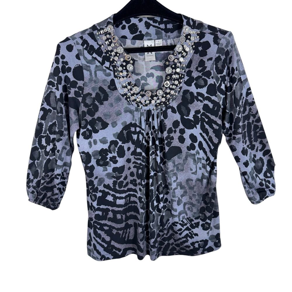 Marc Bouwer Leopard Print Metal Beaded 3/4 Sleeve Stretchy Blouse Size S - Picture 2 of 7